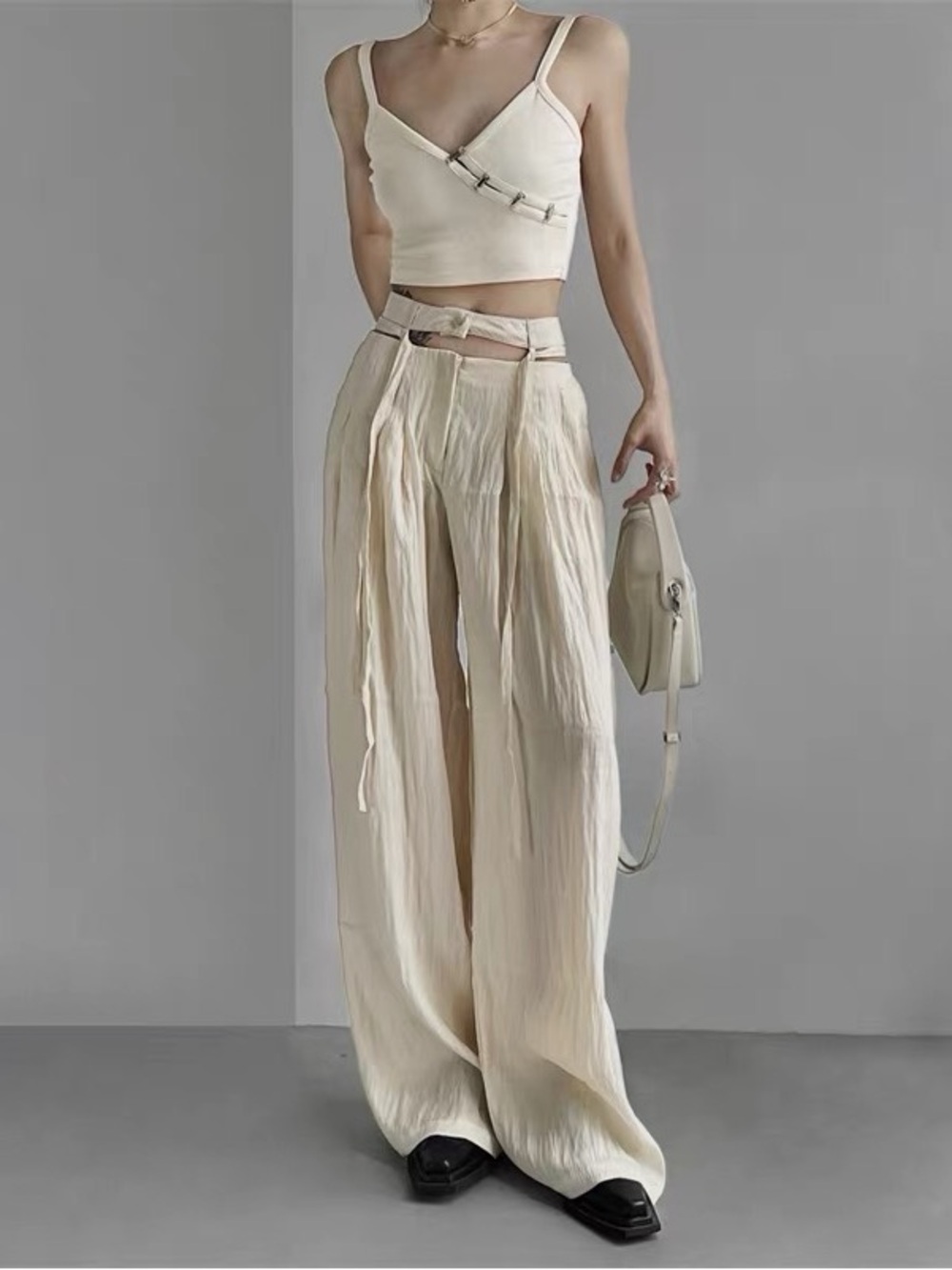 TZZ Velproo Two-Piece Cream Set | Crop Top + Wide Leg Pants | M